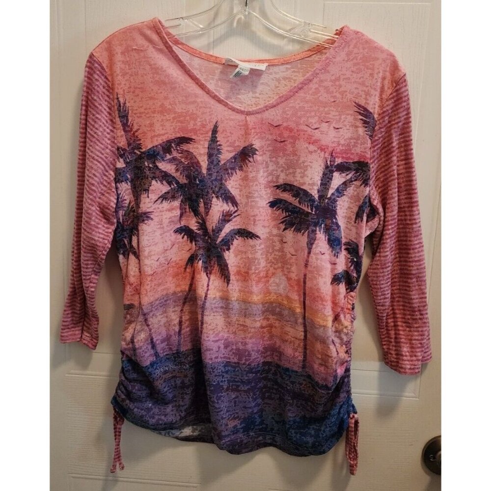 Ellen Negley Womens 3/4 Sleeve V Neck Top Wearable Art Beach Palm Trees Size M